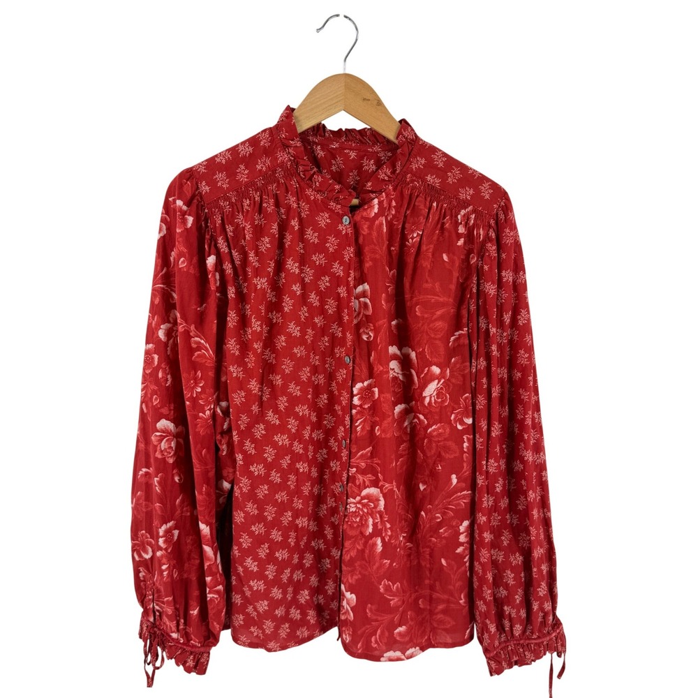 Sundance Blouse Red XL Floral Ruffle Neck Cotton Boho Peasant Top Prairie